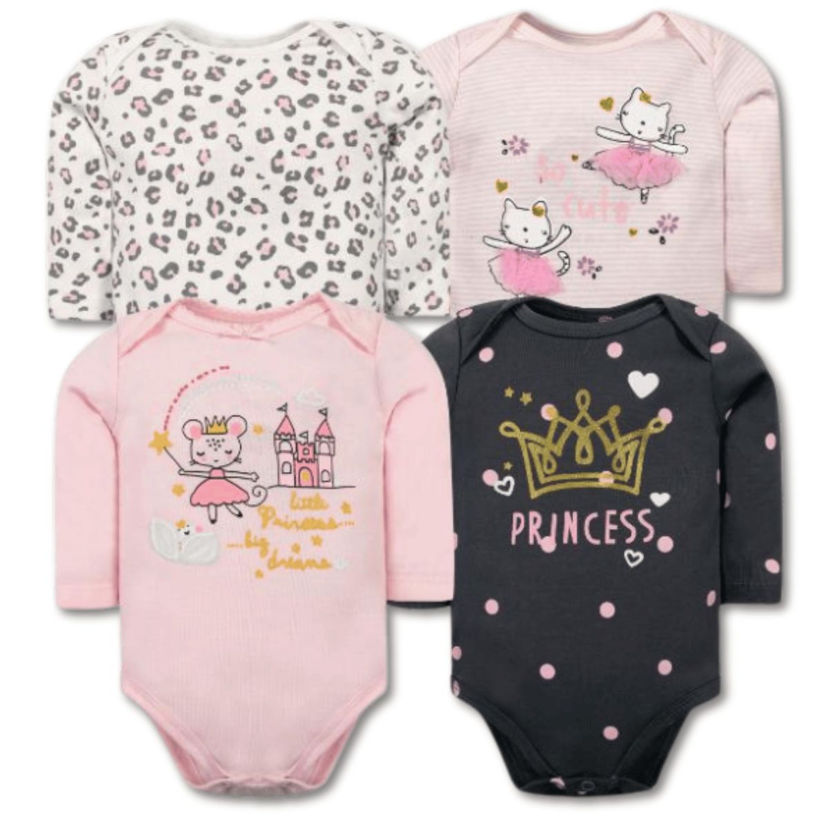 TEDMIMAK - Pack 4 Bodys Bebé Niña Manga Larga 100% Algodón Princess Pink