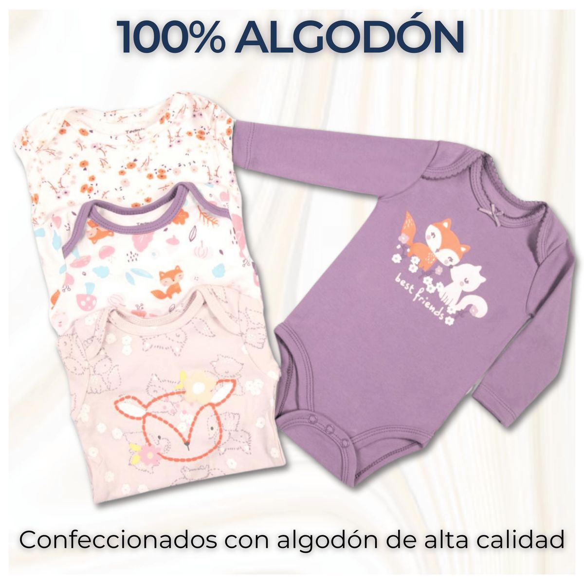 TEDMIMAK - Pack 4 Bodys Bebé Niña Manga Larga Tedmimak 100% Algodón Purple Fox
