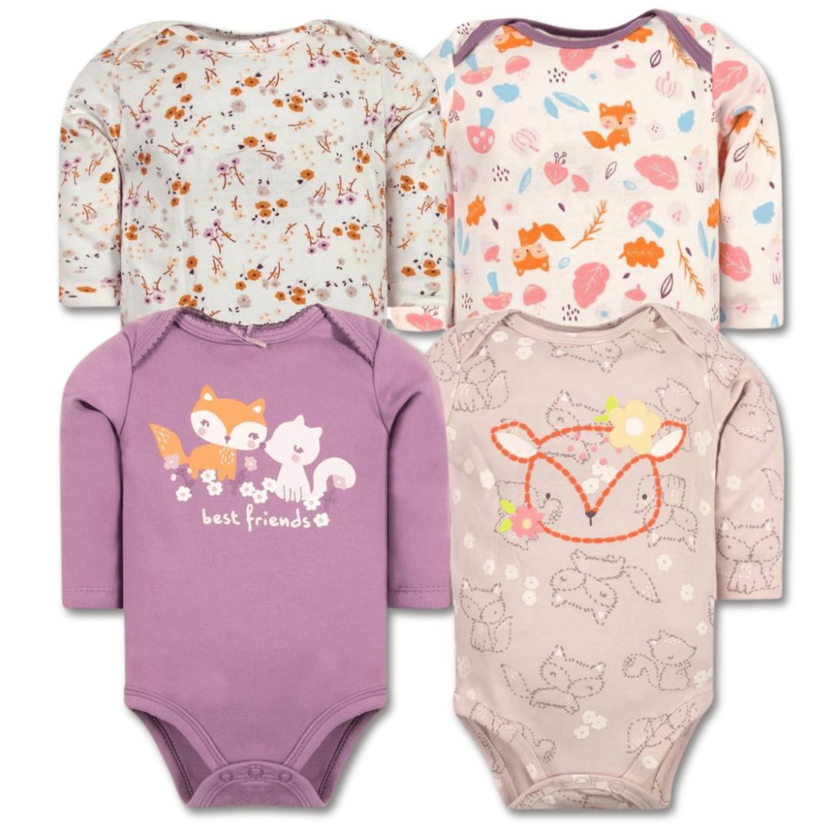 TEDMIMAK - Pack 4 Bodys Bebé Niña Manga Larga Tedmimak 100% Algodón Purple Fox