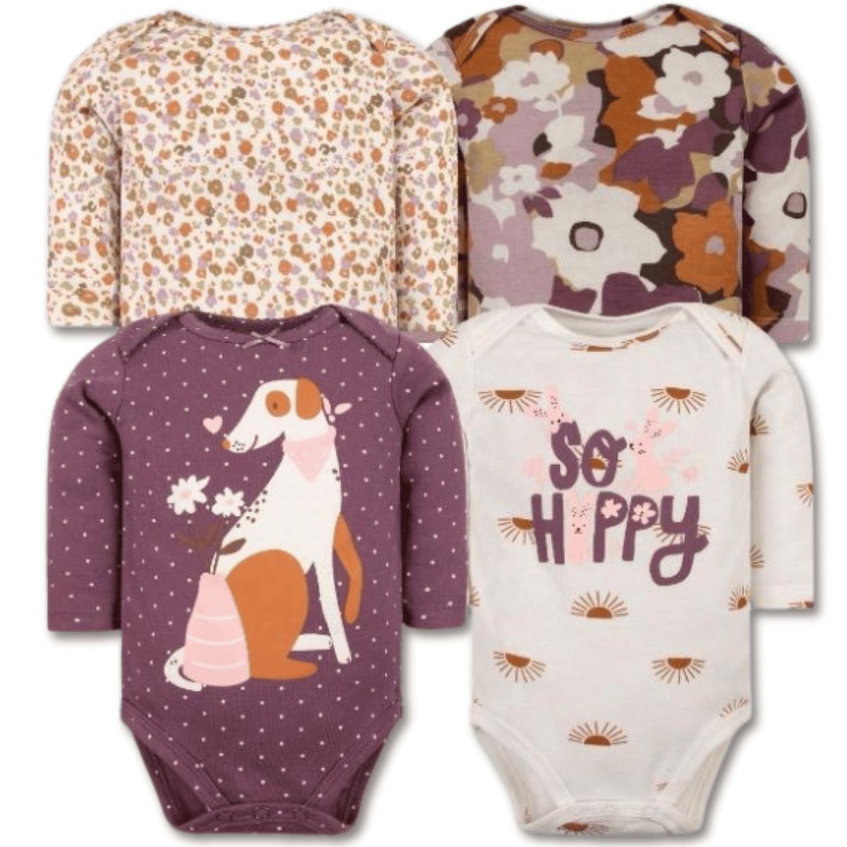 TEDMIMAK - Pack 4 Bodys Bebé Niña Manga Larga Tedmimak 100% Algodón Dog