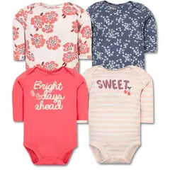 TEDMIMAK - Pack 4 Bodys Bebé Niña Manga Larga 100% Algodón Flowers Baby