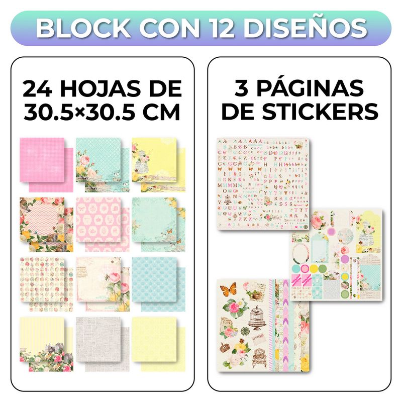 GENERICO - Block Paper Pad Papel Scrapbooking 24 Hojas 12 Diseños 30.5x30.5cm Marcos Flores