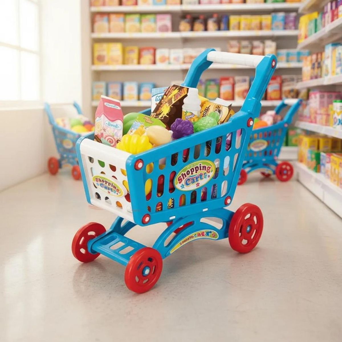 JAGIMA - Carrito de Compra Supermercado Para Niños 56 Piezas Colores - Celeste