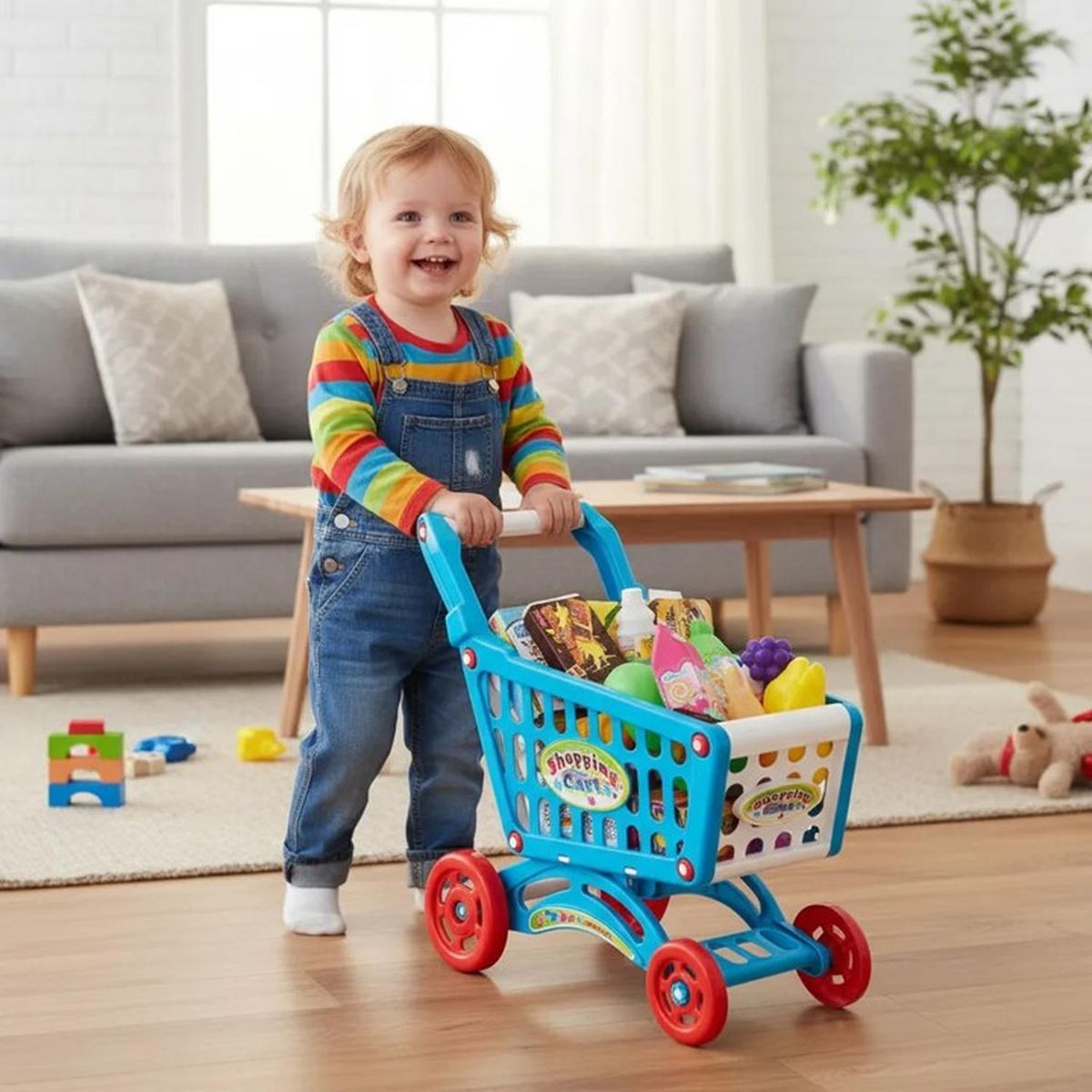 JAGIMA - Carrito de Compra Supermercado Para Niños 56 Piezas Colores - Celeste