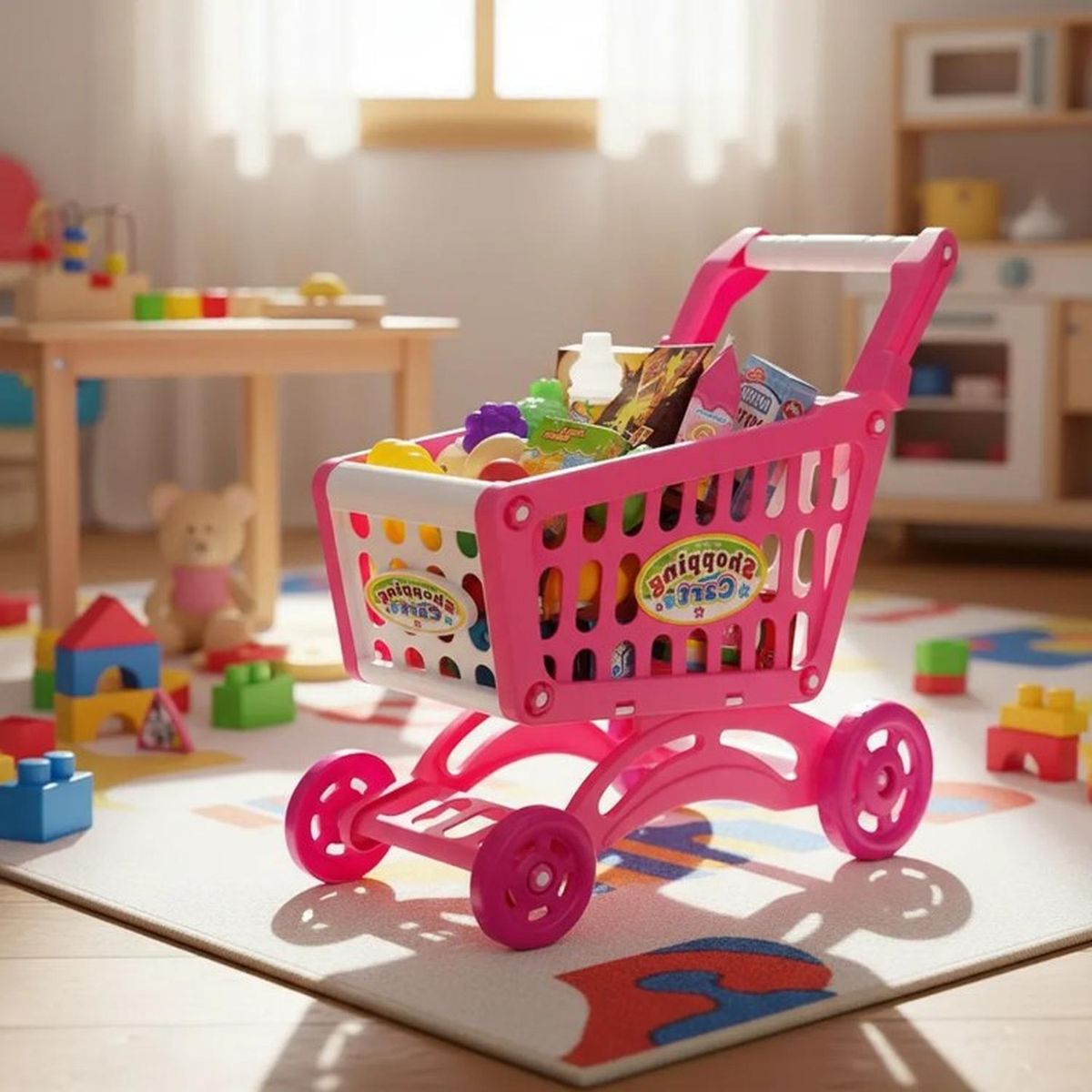 JAGIMA - Carrito de Compra Supermercado Para Niños 56 Piezas Colores - Rosa