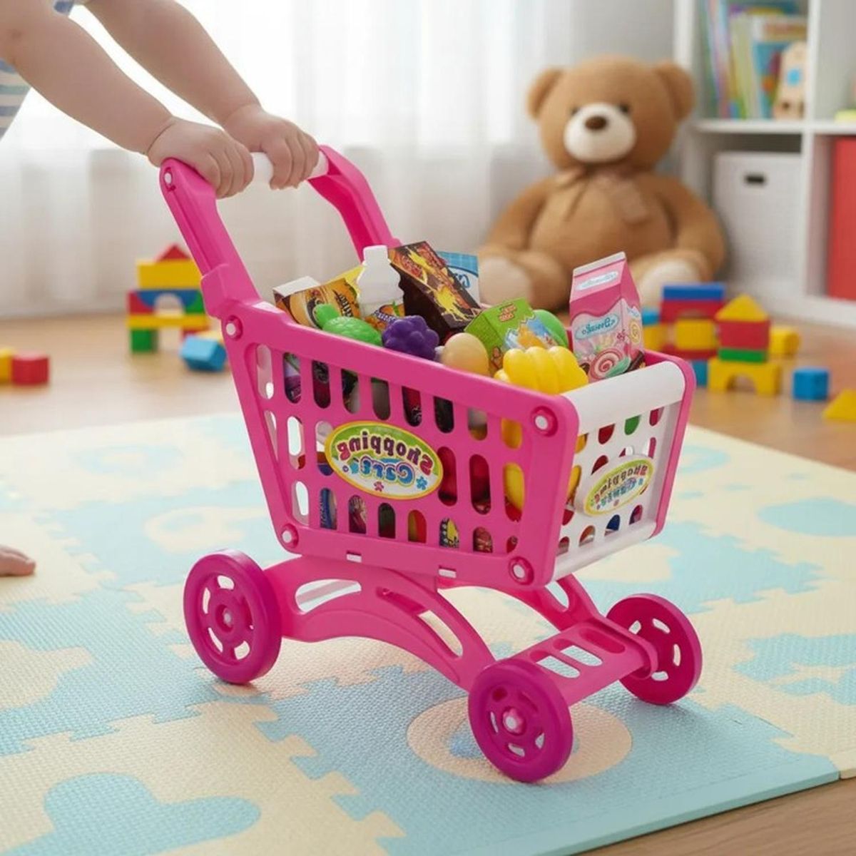 JAGIMA - Carrito de Compra Supermercado Para Niños 56 Piezas Colores - Rosa