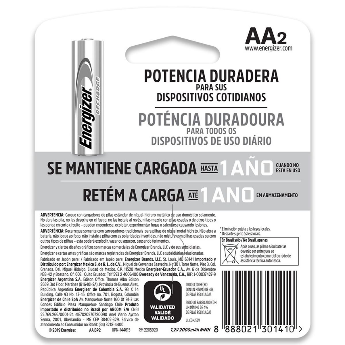 ENERGIZER - Pack 2 Pilas AA Recargables Energizer 2000mha