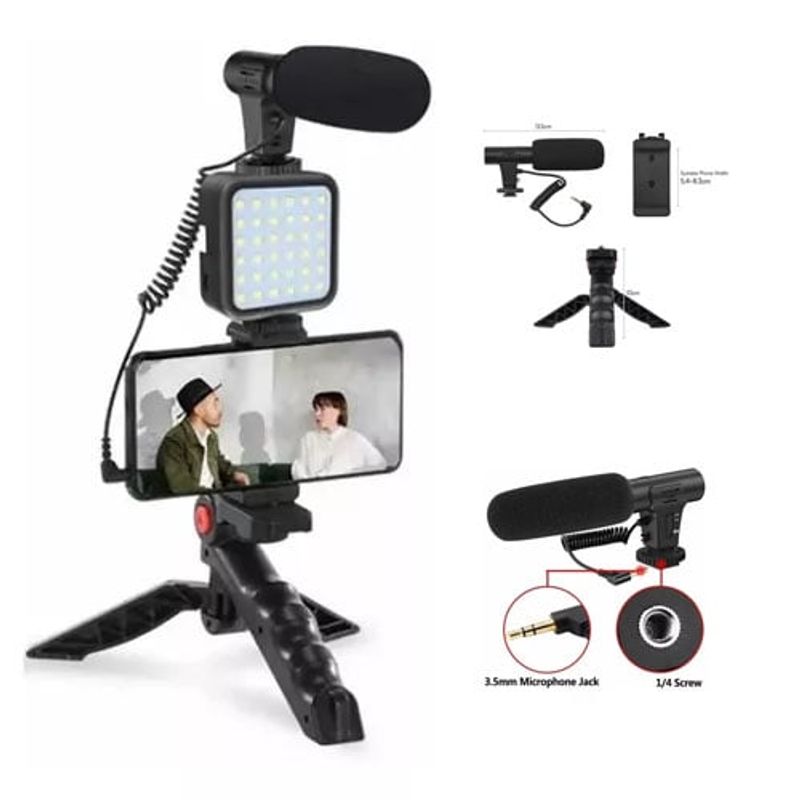 GENERICO - Micrófono Vlogging Kit - Trípode Y Luz Led Porta Teléfono