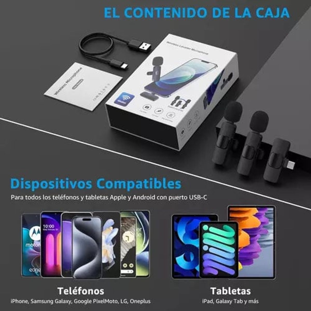 GENERICO - Pack 2 Micrófonos Inalámbricos Doble Compacto Usb-c