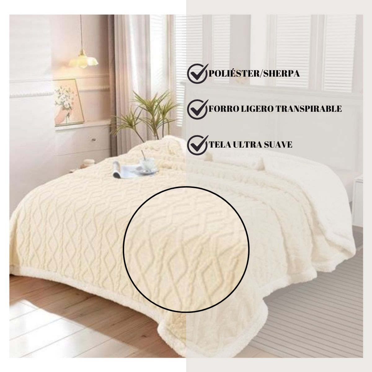 GENERICO - Frazada Manta Polar Sherpa 1.5 Plaza y Media Relieve Trenza 200x150cm