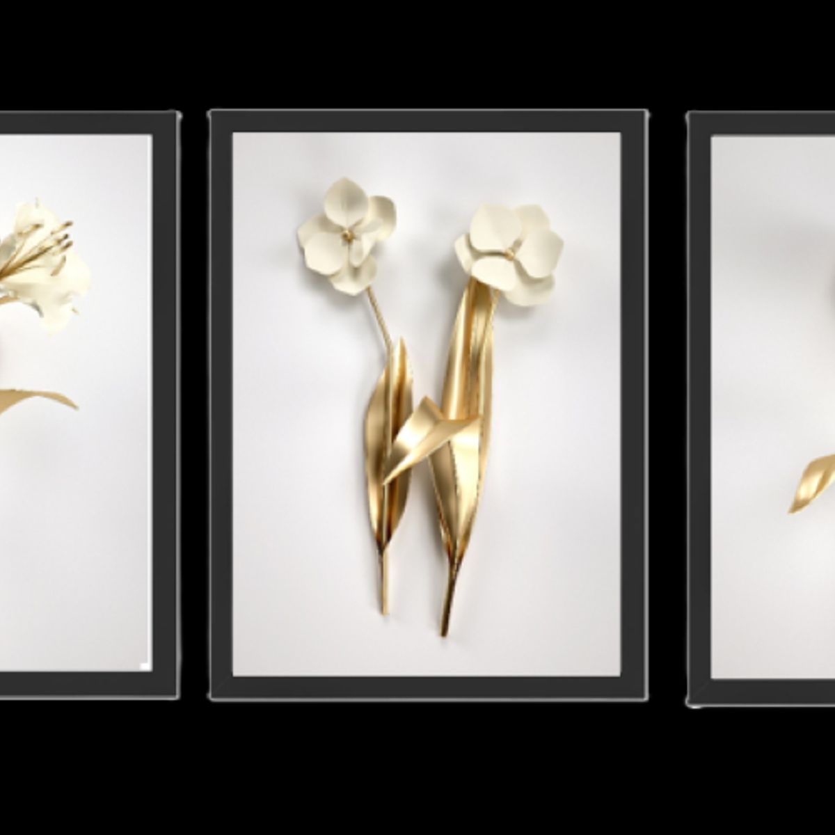 GENERICO - Cuadros  Decorativo flores blanco y dorado Pack X 3 Uds 35cm  X 50cm C/u