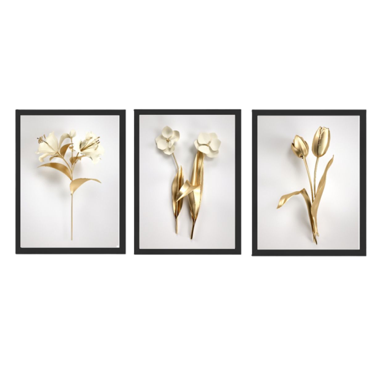 GENERICO - Cuadros  Decorativo flores blanco y dorado Pack X 3 Uds 35cm  X 50cm C/u