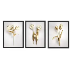 GENERICO - Cuadros Decorativo flores blanco y dorado Pack X 3 Uds  35cm X 50cm C/u