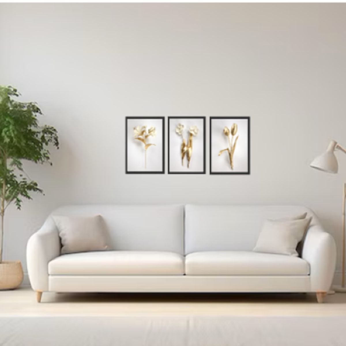 GENERICO - Cuadros  Decorativo flores blanco y dorado Pack X 3 Uds 35cm  X 50cm C/u