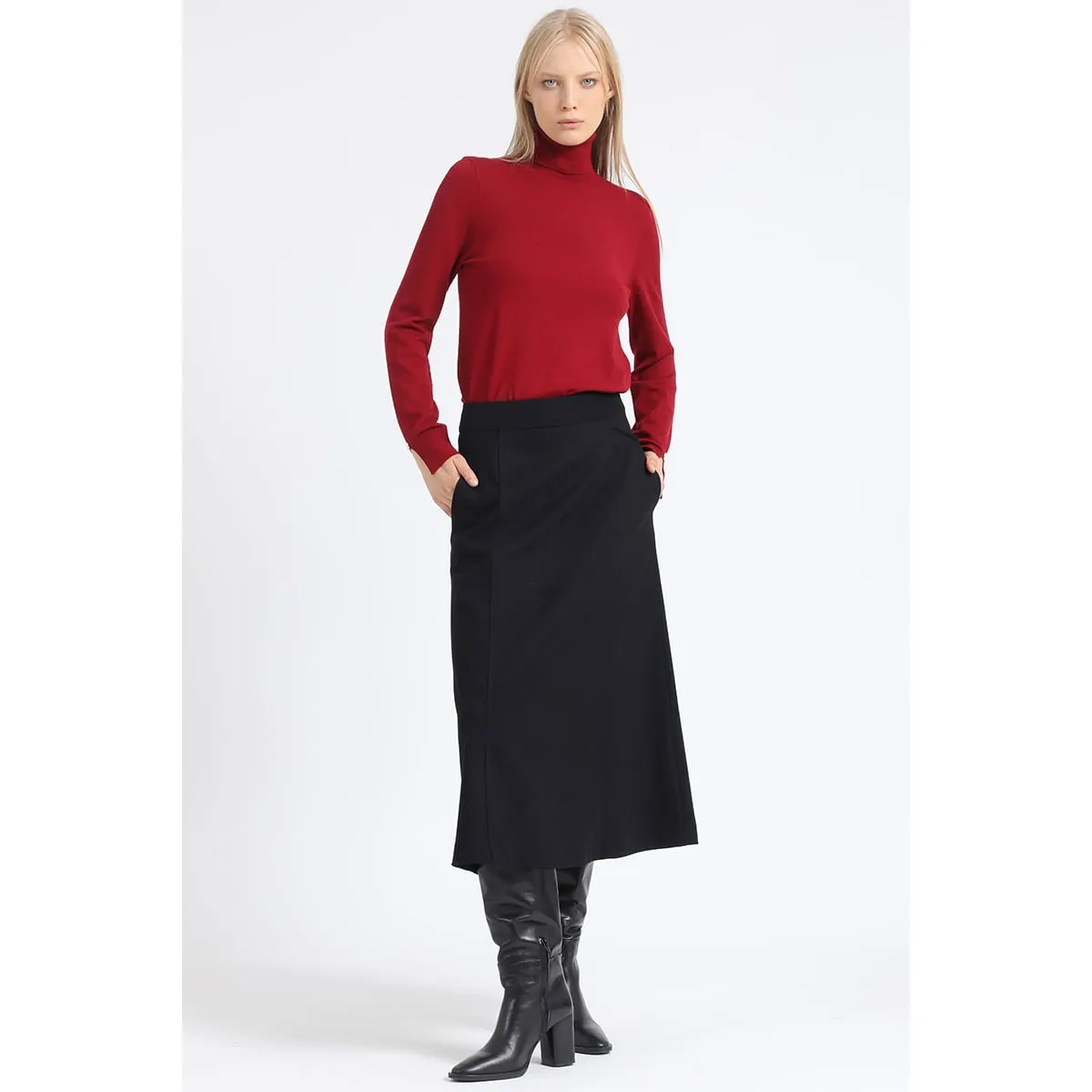 LIOLA - Falda Midi Evase, Negro Liola