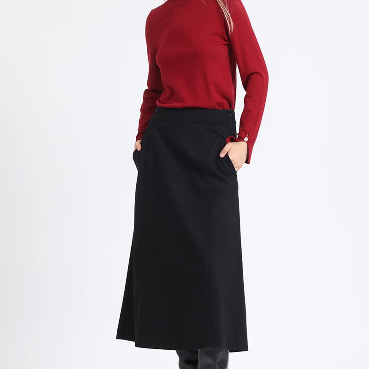 LIOLA - Falda Midi Evase, Negro Liola