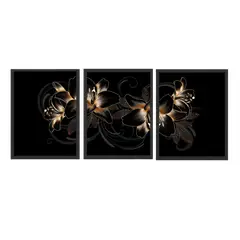 GENERICO - Cuadros Decorativo Flores Doradas Pack X 3 Uds.  35cm X 50cm C/u