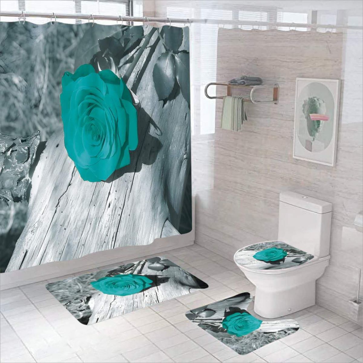 GENERICO - SET DE BAÑO IMPERNEABLE 4 PIEZA DISEÑO ROSA CELESTE TF