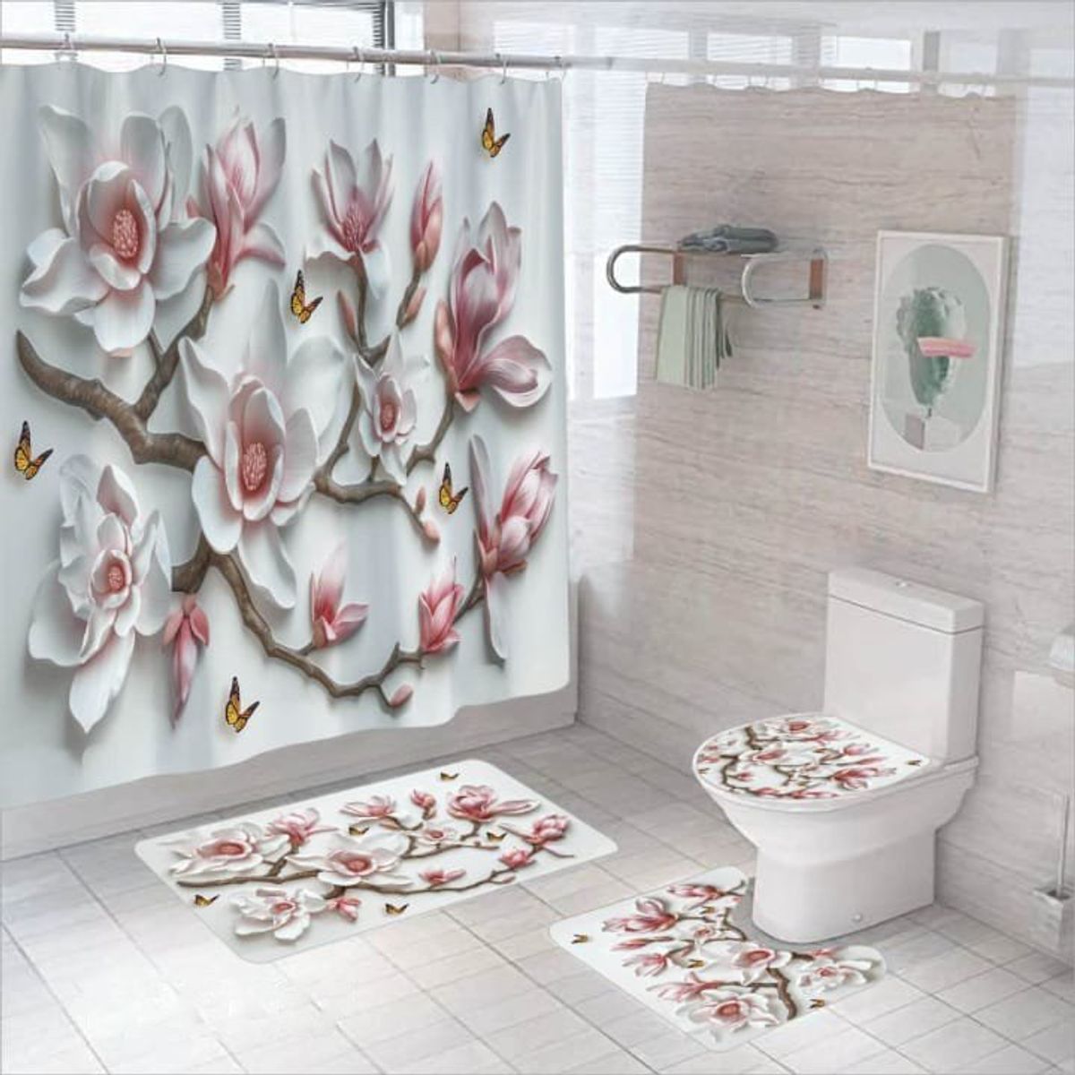 GENERICO - SET DE BAÑO IMPERNEABLE 4 PIEZA DISEÑO FLOR ROSA TF