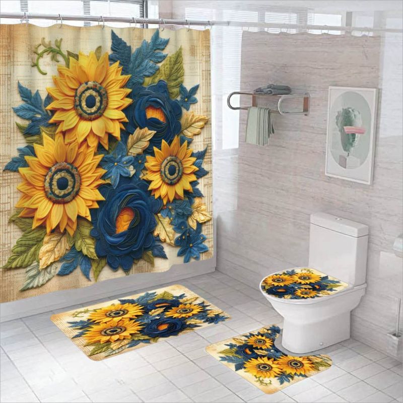 GENERICO - SET DE BAÑO IMPERNEABLE 4 PIEZA DISEÑO GIRASOL AMARILLO AZUL TF