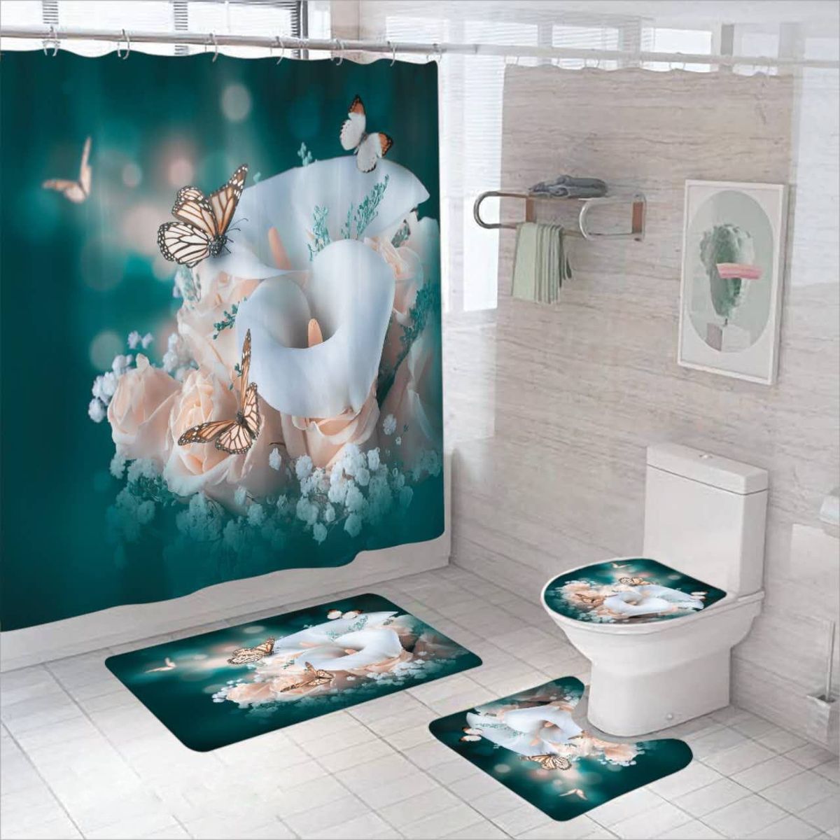 GENERICO - SET DE BAÑO IMPERNEABLE 4 PIEZA DISEÑO CELESTE TF