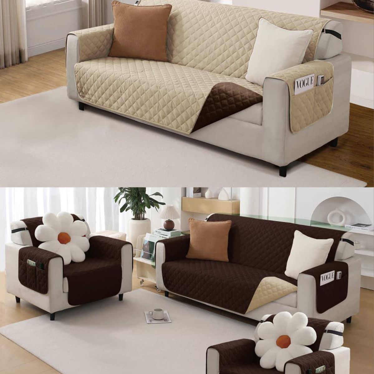 GENERICO - CUBRE SILLON REVERSIBLE 3+1+1 - 3 FUNDAS IMPERNEABLE BEIGE Y CAFE TF