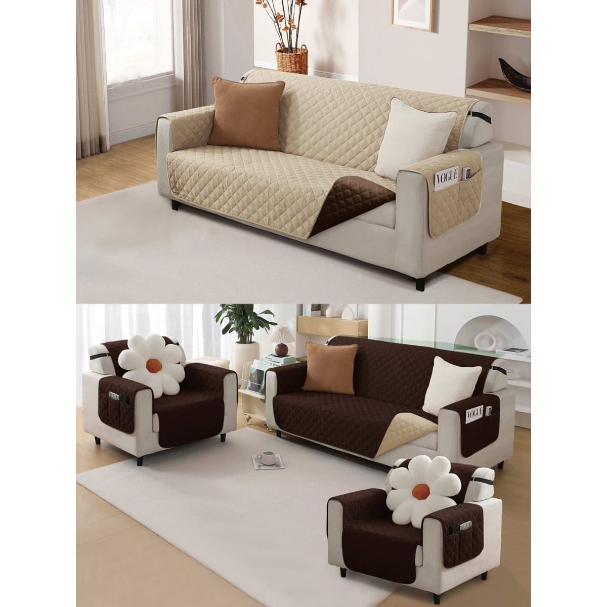 GENERICO - CUBRE SILLON REVERSIBLE 3+1+1 - 3 FUNDAS IMPERNEABLE BEIGE Y CAFE TF