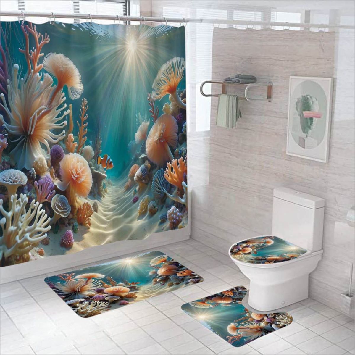 GENERICO - SET DE BAÑO IMPERNEABLE 4 PIEZA DISEÑO FONDO MARINO TF