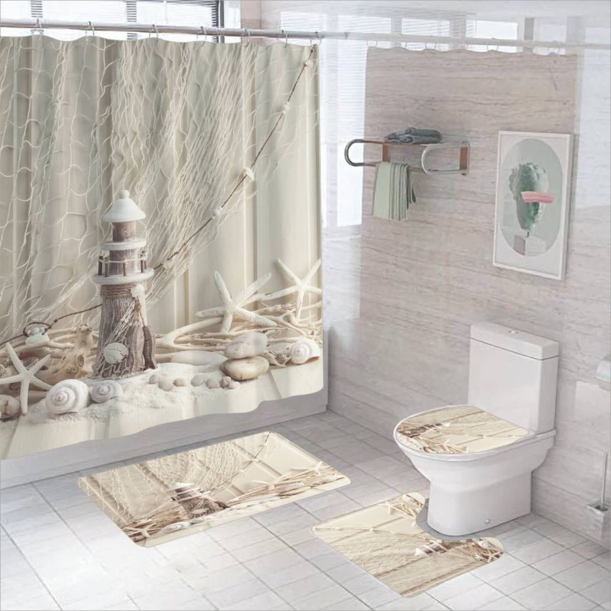 GENERICO - SET DE BAÑO IMPERNEABLE 4 PIEZA DISEÑO FARO BEIGE TF