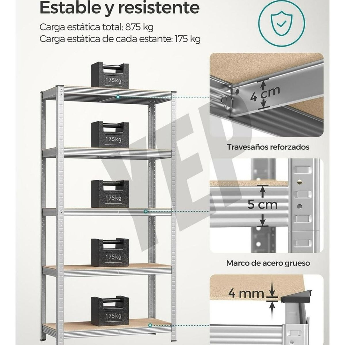 YEP S - Estante Metálico Armable 180x90x40 Armado Facil Sin Pernos - Gris