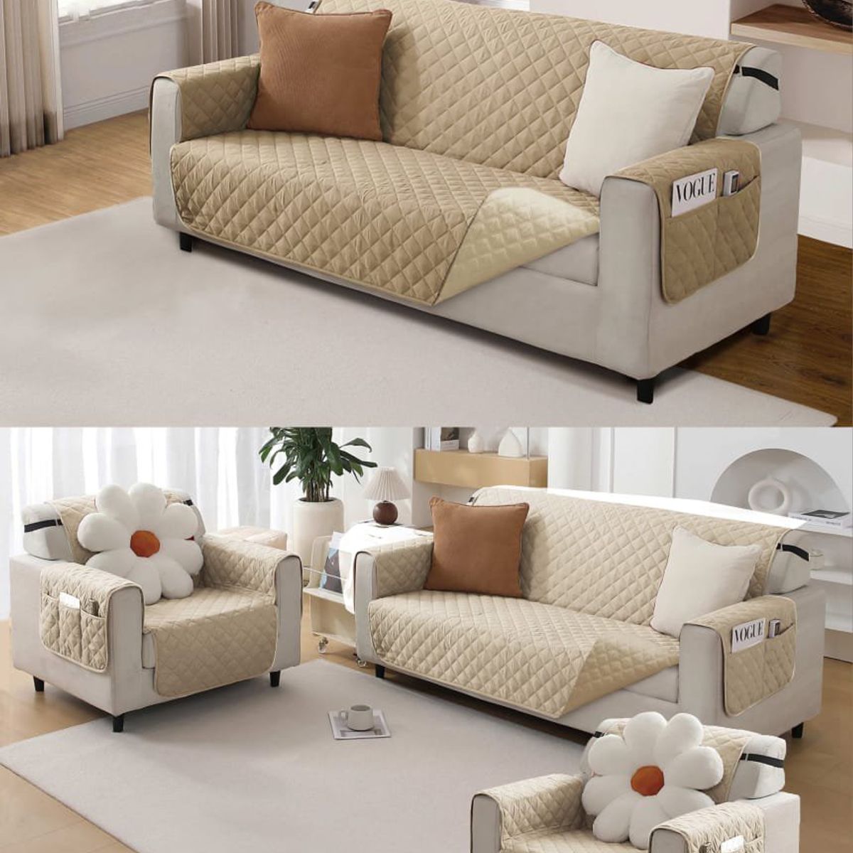 GENERICO - CUBRE SILLON REVERSIBLE 3+1+1 - 3 FUNDAS IMPERNEABLE  BEIGE TF