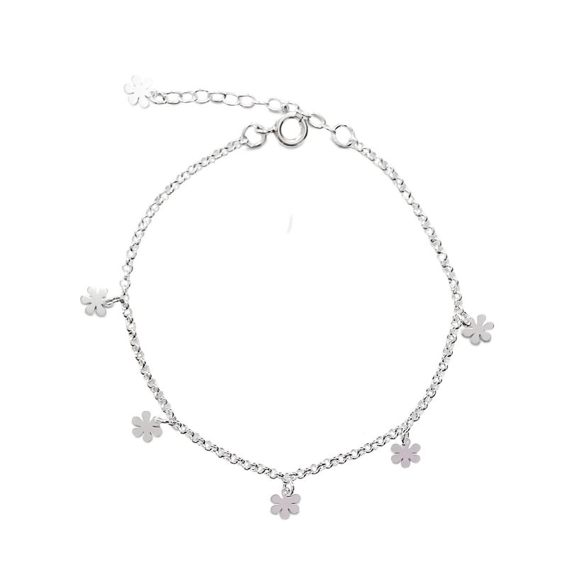 ANDREA COGGIOLA JOYAS - Pulsera 5 Flores Cadena Rolo Plata Fina 925