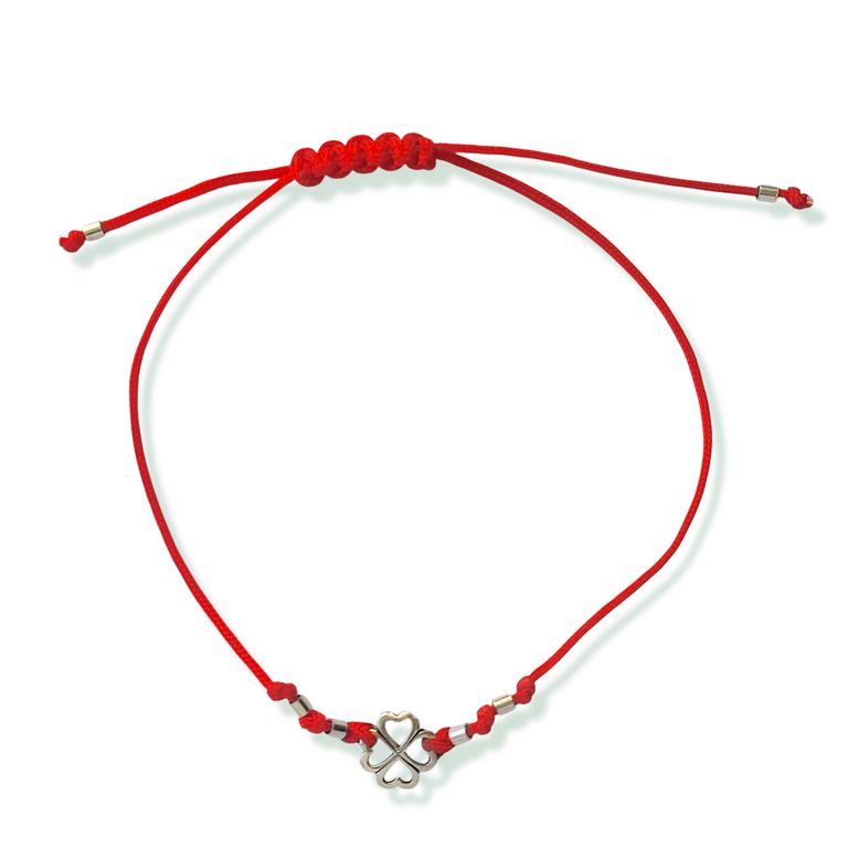Pulsera Trebol Mostacilla Plata Fina 925 Cordon Rojo Plateado TALLA UNICA