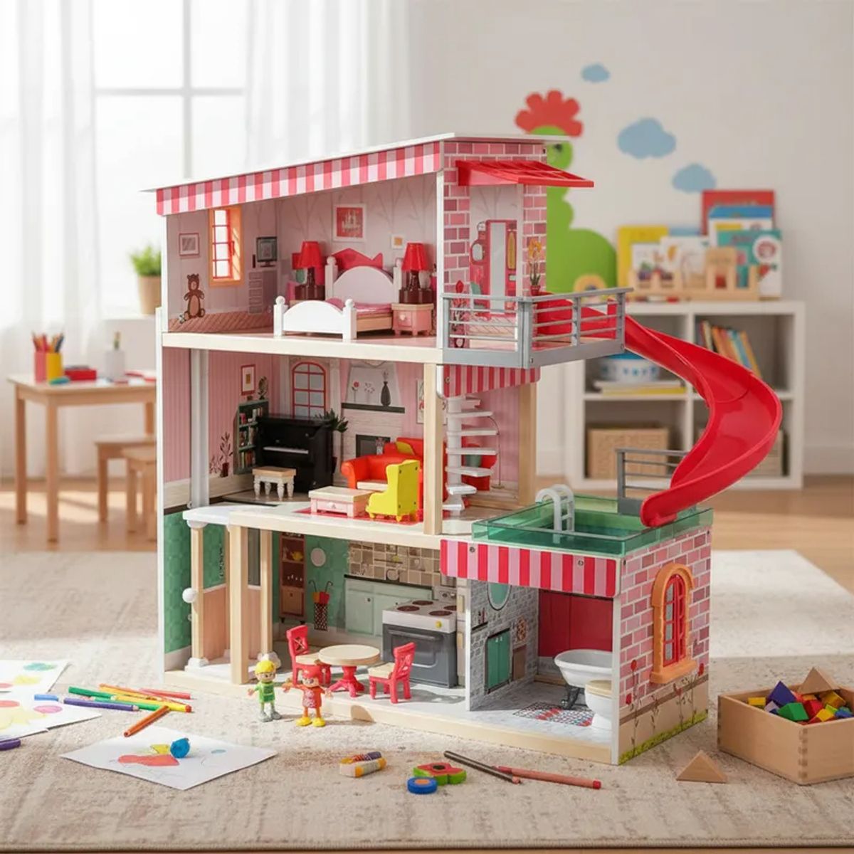 BEBESIT - Casa de Muñecas + Muebles Madera Montessori  Bella