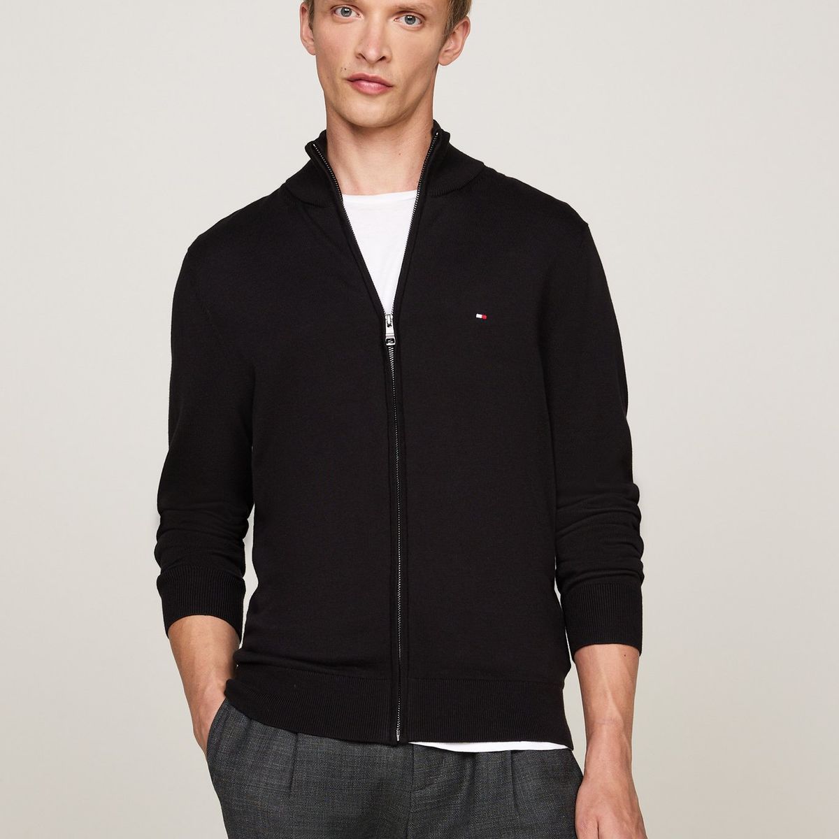 TOMMY HILFIGER - Sweater Essential Cotton Con Cierre Negro Tommy Hilfiger