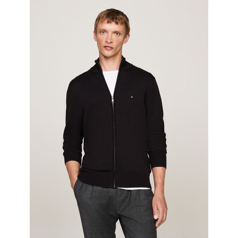 TOMMY HILFIGER - Sweater Essential Cotton Con Cierre Negro Tommy Hilfiger