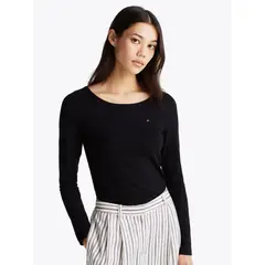 TOMMY HILFIGER - Polera Acanalada Slim Fit Logo Negro