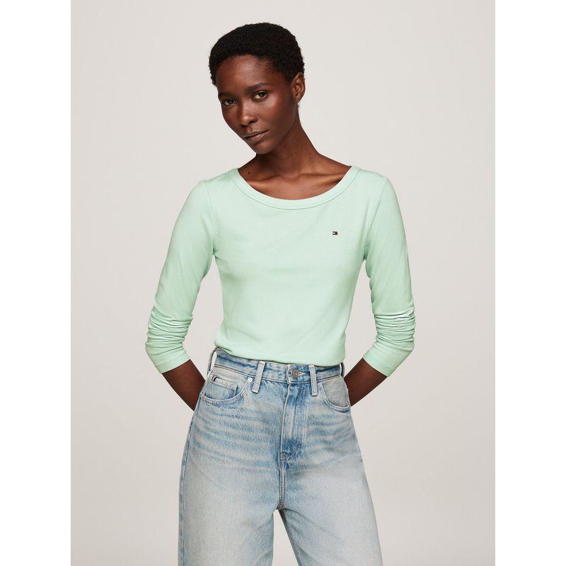 TOMMY HILFIGER - Polera Acanalada Slim Fit Con Logo Verde Tommy Hilfiger