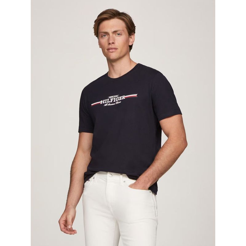 TOMMY HILFIGER - Polera Hilfiger Chest Stripe Logo Azul Tommy Hilfiger