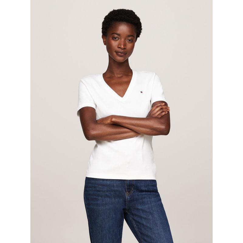 TOMMY HILFIGER - Polera V-Neck Slim Fit Blanco Tommy Hilfiger