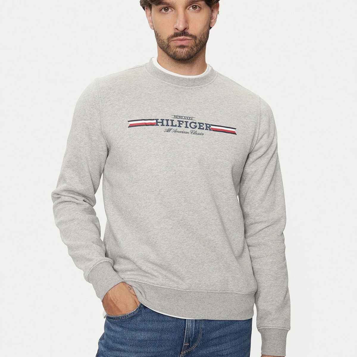 TOMMY HILFIGER - Polerón Stripe Logo Gris Tommy Hilfiger