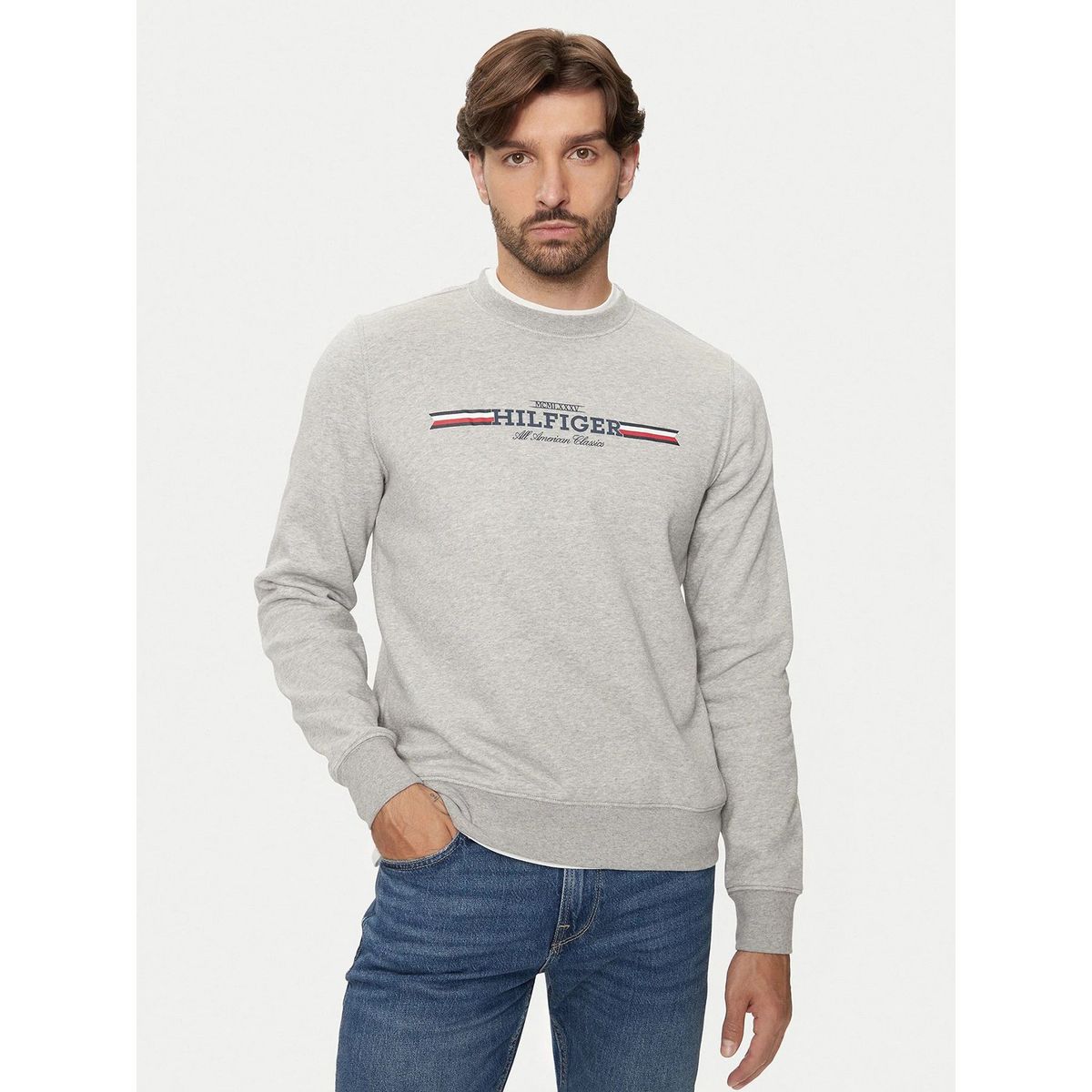 TOMMY HILFIGER - Polerón Stripe Logo Gris Tommy Hilfiger