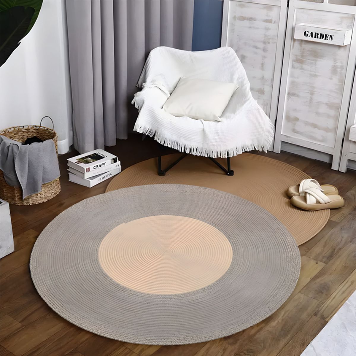 GENERICO - Alfombra Artesanal Algodón Redonda Gris Beige Y Bicolor 120 Cm