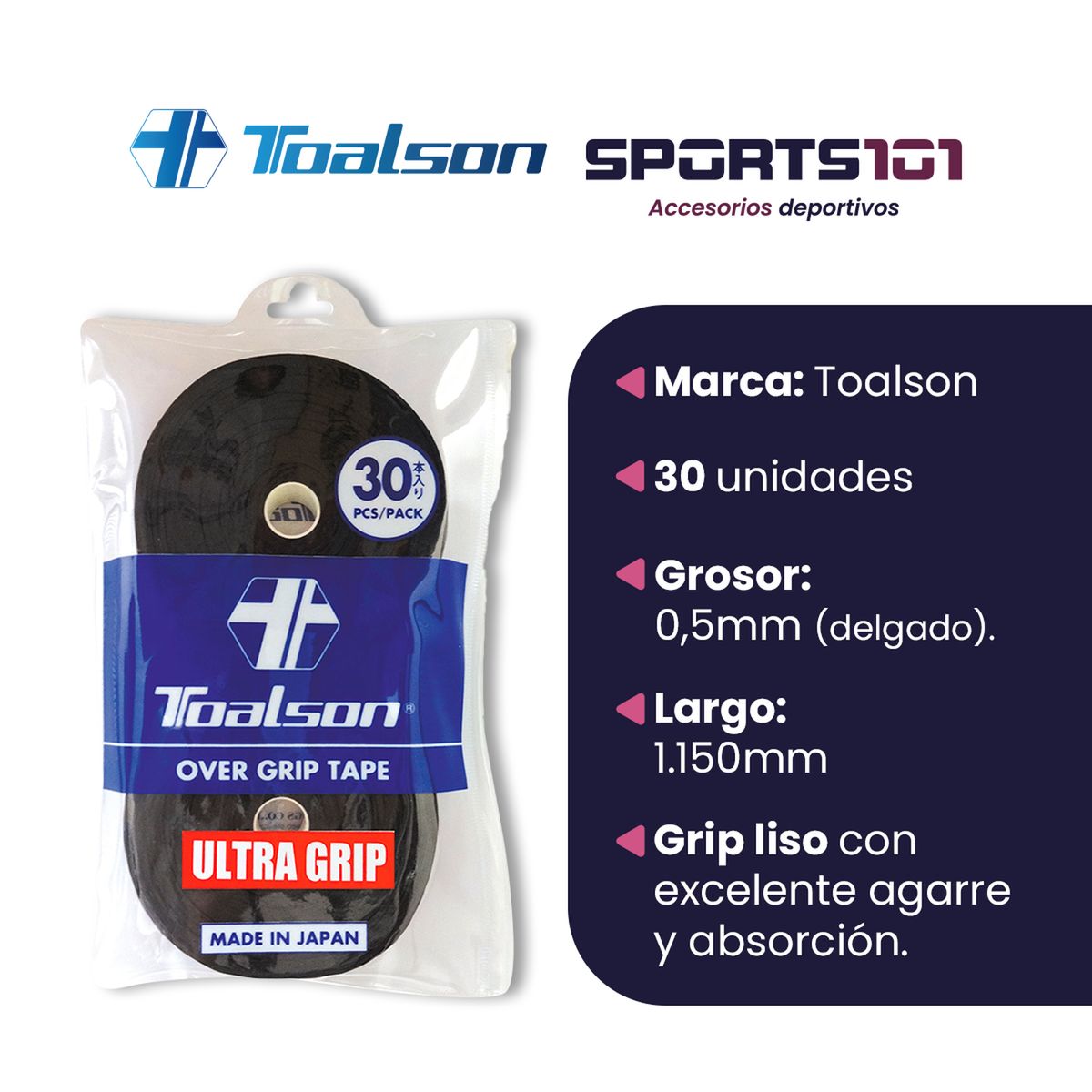 TOALSON - Grip de Tenis Toalson Ultra Grip Overgrip - Pack 30 Uds - Negro