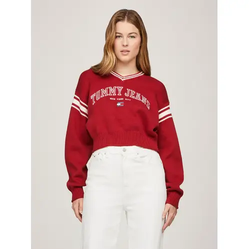 TOMMY HILFIGER - Sweater Cropped Varsity Logo Rojo