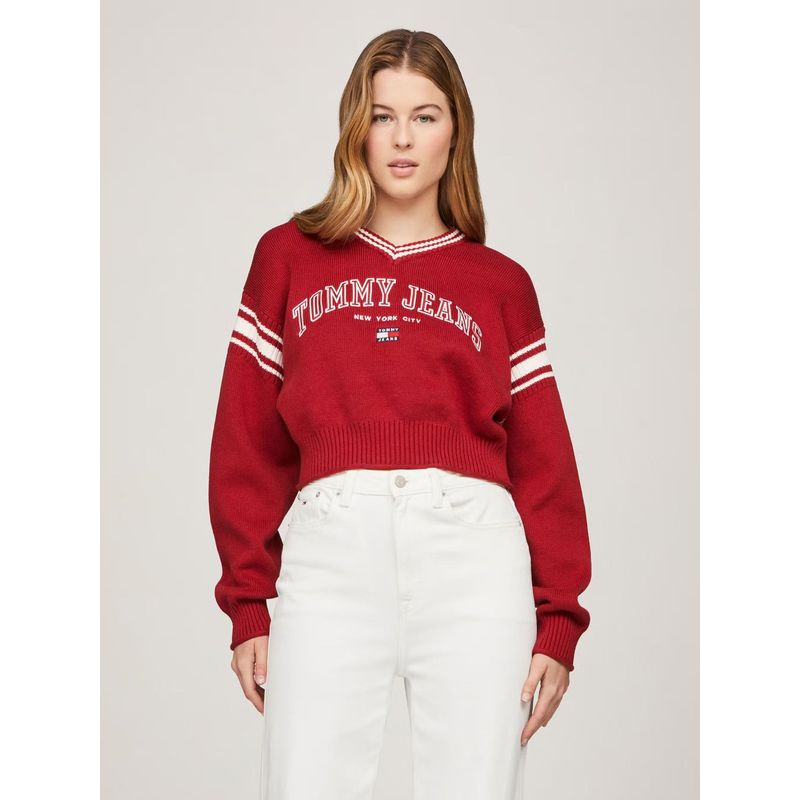 TOMMY HILFIGER - Sweater Cropped Varsity Logo Rojo Tommy Hilfiger