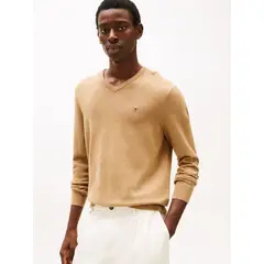 TOMMY HILFIGER - Sweater Básico Signature V-Neck Café