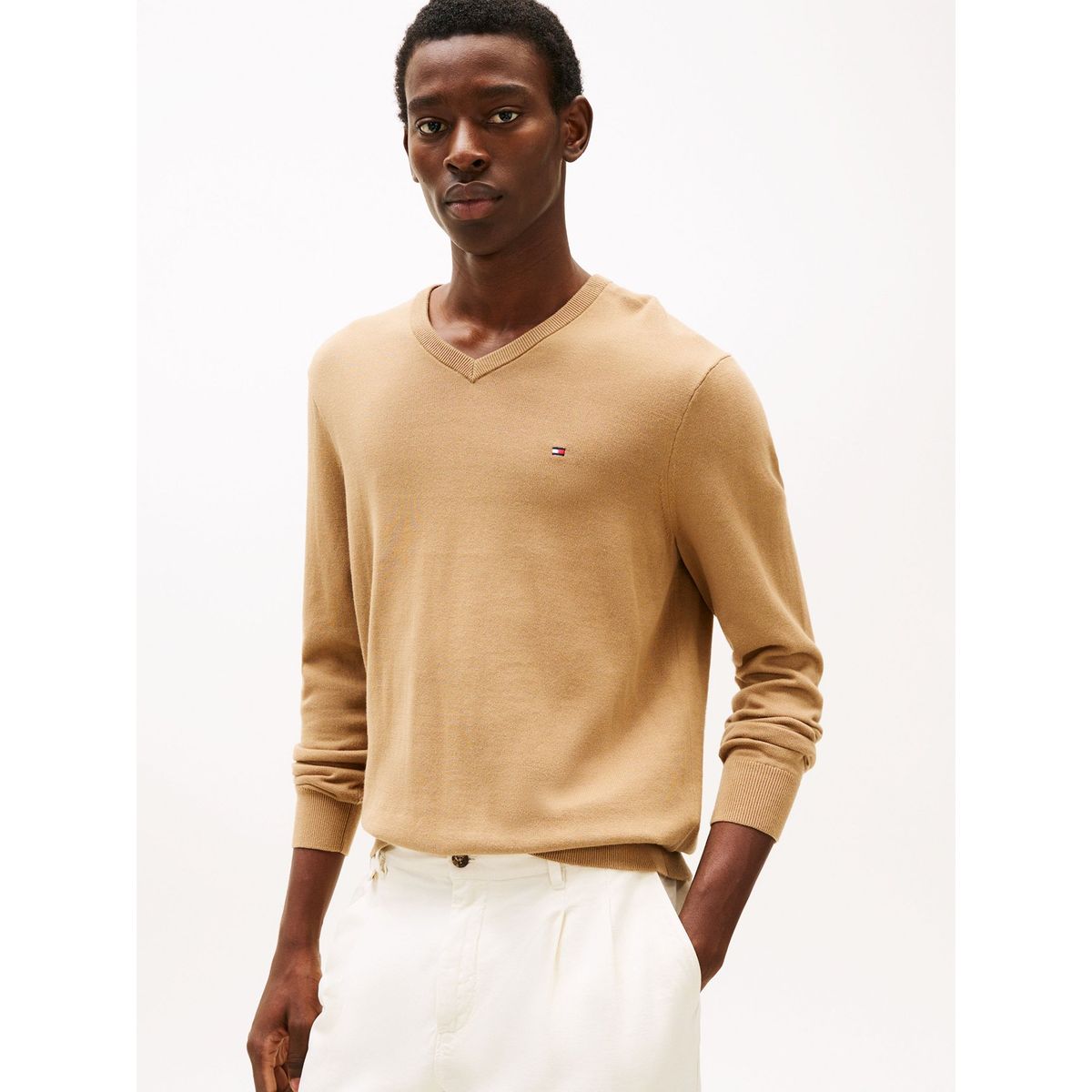 TOMMY HILFIGER - Sweater Básico Signature V-Neck Café Tommy Hilfiger