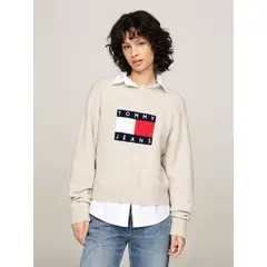 TOMMY HILFIGER - Sweater De Melánge Con Logo Flag Beige Tommy Hilfiger.