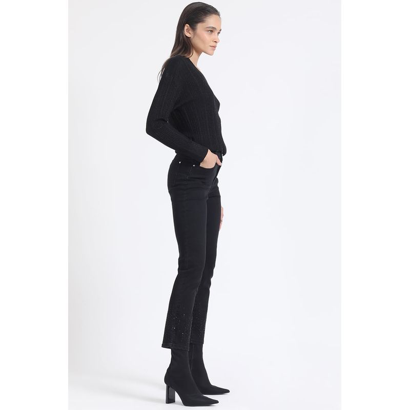 LIOLA - Jeans Slim, Tiro Medio, Bordado Lentejuelas, Negro Liola